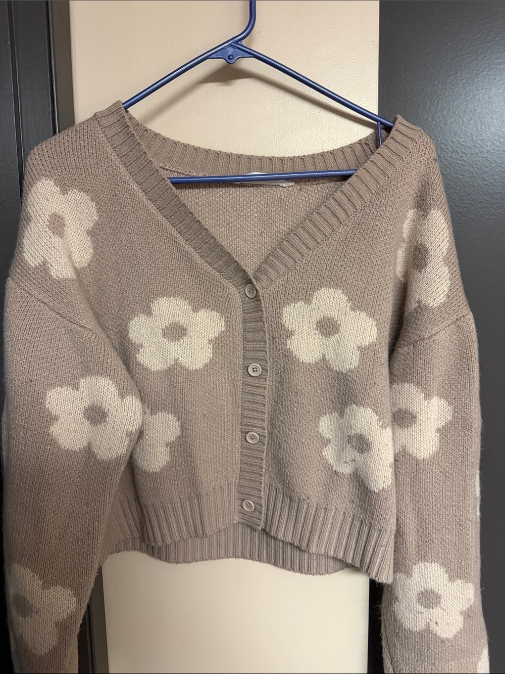 Taupe Floral V-Neck Button-Front Women's Cardigan Sweater